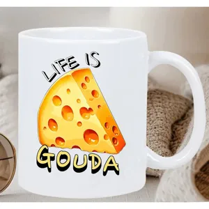 Ceramic coffee mug detail, white office cup with cheese print and funny text for daily drinks.