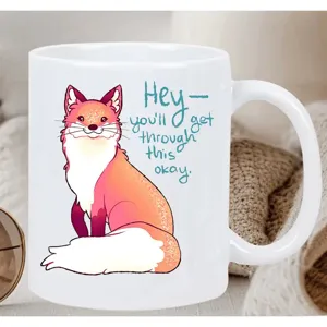 Cute fox ceramic coffee mug for office use, stylish daily drinkware with healing quote.