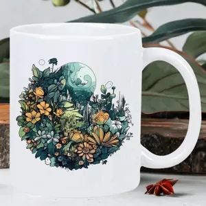 White ceramic coffee mug with botanical fantasy illustration for office use and daily drink.
