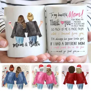 Custom printed ceramic coffee mug detail, personalized gift for mom with lovely design.