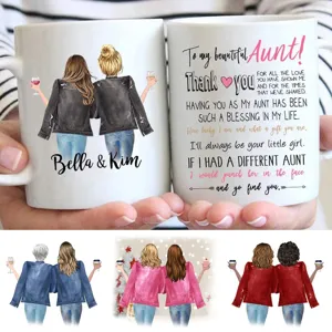 Custom ceramic coffee mug detail featuring custom aunt text and friendship illustration choices.