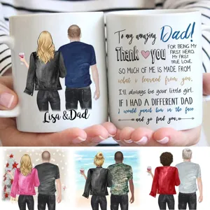 Customized ceramic mug with personalized dad artwork and meaningful text details.