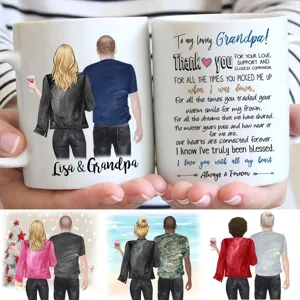 Customized ceramic coffee mug with personalized cartoon portrait and loving family text.