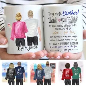 Custom personalized ceramic coffee mug with heartwarming illustration and text, perfect gift.