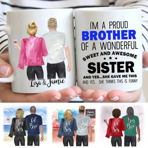Custom ceramic coffee mug with personalized brother and sister cartoon back design for gift.