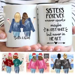 Personalized ceramic coffee mug featuring custom sister illustrations, perfect for office and daily use.