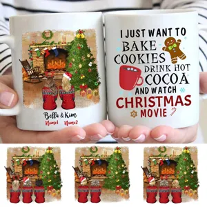 Custom Christmas coffee mug with cute holiday graphics and personalized names for gifts.
