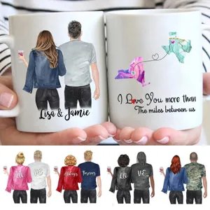Customized couple ceramic coffee mug with distance map design, perfect personalized gift.