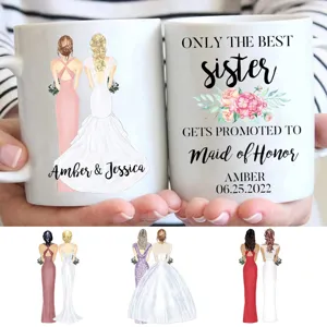 Personalized bridesmaid coffee mug with custom wedding illustration and text for daily office use.