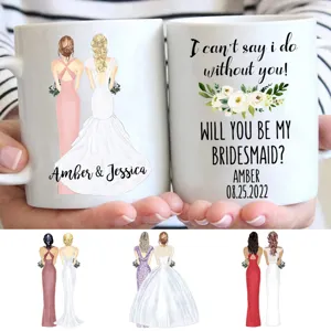 Custom bridesmaid ceramic coffee mug with personalized text and cute illustration design.