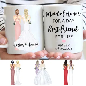 Custom wedding maid of honor ceramic mug personalized bridesmaid coffee cup with names and dates.