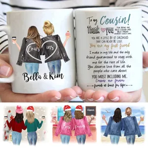 Customized ceramic coffee mug with personalized illustrations and heartfelt cousin messages.
