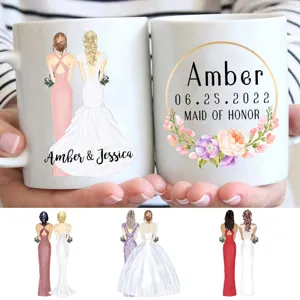 Customized ceramic coffee mug with bride and bridesmaid illustration for wedding gifts.