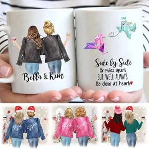 Customizable best friends ceramic coffee mug with personalized names and map design details.