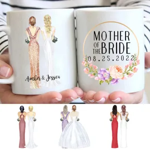 Customized wedding ceramic mug with personalized illustration and text, perfect for office use.