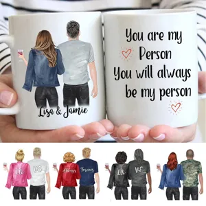 Custom couple coffee mug detail view showcasing personalized ceramic mug designs and custom text.