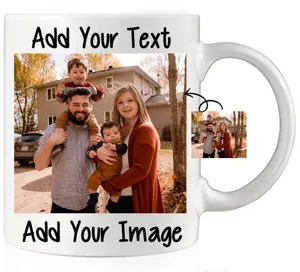 Custom ceramic coffee mug with personalized photo and text print, perfect office cup.
