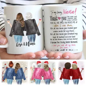 Personalized ceramic coffee mug with custom illustration text, perfect gift for friends.