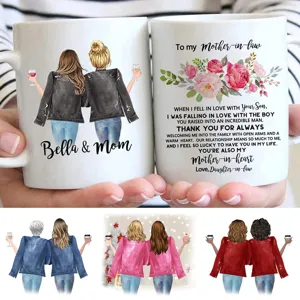 Customizable ceramic coffee mug with heartfelt mother-in-law illustration and text design.