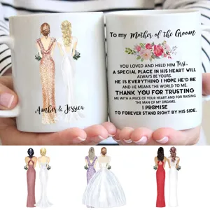 Detailed view of custom mother of the groom coffee mug with heartfelt message and custom names.