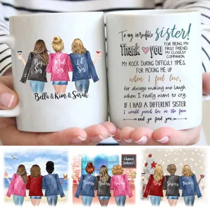 Custom best friend ceramic mug with personalized sister illustrations and heartfelt quote text.