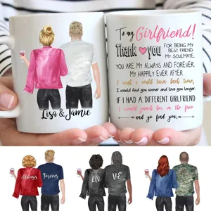 Customized couple ceramic mug with romantic English quote text and personalized cartoon design.