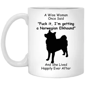Taza de café de cerámica blanca con divertido diseño de cita de perro Elkhound noruego.