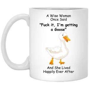 White ceramic coffee mug with funny goose print and quote, ideal for office or home use.