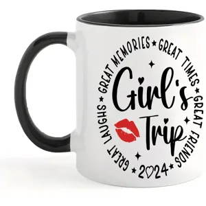 Custom ceramic coffee mug featuring Girl's Trip travel theme print, black handle drinkware.