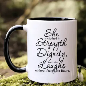 Keramik Kaffeetasse mit inspirierendem Spruch, schwarz-weisses Design fuer Buero oder Zuhause.
