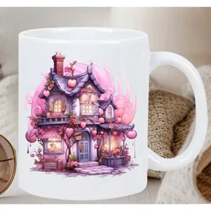 White ceramic coffee mug featuring a cute fantasy cottage print, ideal for office or home.