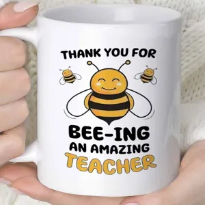 Weiße Keramiktasse 11oz mit niedlichem Bienendesign und tollem Lehrer Dankeschön Spruch.
