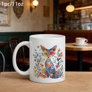 Weißer Keramik Kaffeetasse mit buntem Boho Fuchs Motiv, 11oz Fassungsvermögen Tasse Becher