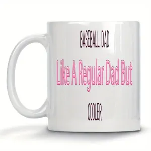Custom white ceramic coffee mug featuring baseball dad design, perfect gift for sports fans.