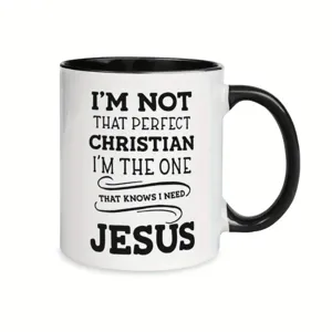 Classic ceramic coffee mug with inspirational Christian text, black handle and rim design.
