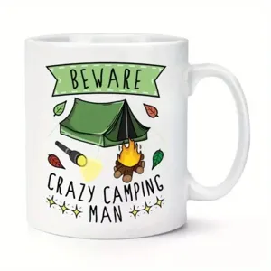 Taza de café de cerámica blanca con divertido diseño de camping, taza duradera para oficina.
