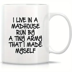 Detailed view of a white ceramic coffee mug with fun quote print, ideal for daily office use.