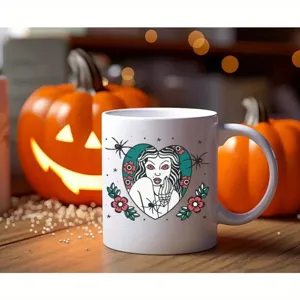 Tasse à café en céramique style tatouage vampire, gros plan détaillé sur table en bois.