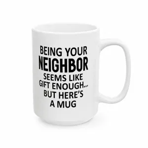 Weisser Keramik Kaffeetasse mit lustigem Nachbarn Spruch und Weihnachtsdesign für Geschenke.