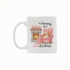 Detailed close-up view of white ceramic coffee mug featuring cute pink Christmas puppy print.