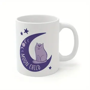 White ceramic coffee mug with cute purple moon cat print, perfect for daily office use.