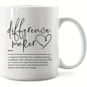 White ceramic coffee mug with inspirational text quote, perfect daily gift cup for friends.