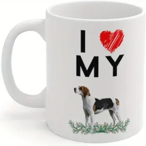 Custom white ceramic coffee mug featuring a lovely dog graphic and heart print for pet lovers.