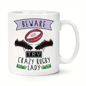 Taza de cafe de ceramica blanca con grafico divertido de rugby e impresion para los fans.