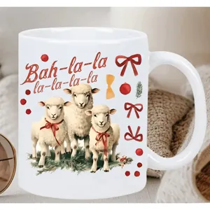 White ceramic coffee mug with cute sheep print and festive elements, perfect holiday gift cup.