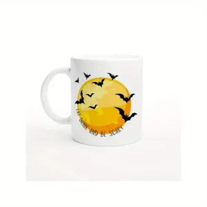 Taza de cafe de ceramica de Halloween con estampado de murcielago y luna para regalos.