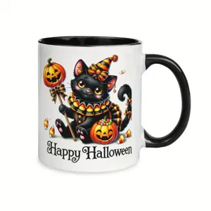 Halloween black cat ceramic coffee mug with cute pumpkin design, perfect for office and daily use.