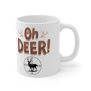 White ceramic coffee mug detail featuring humorous Oh Deer print and target graphic design.