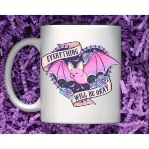Cute pink bat graphic ceramic coffee mug, stylish custom white cup for daily office use.