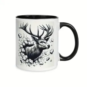 Detailed close-up of ceramic coffee mug featuring 3D deer sketch design and black handle.